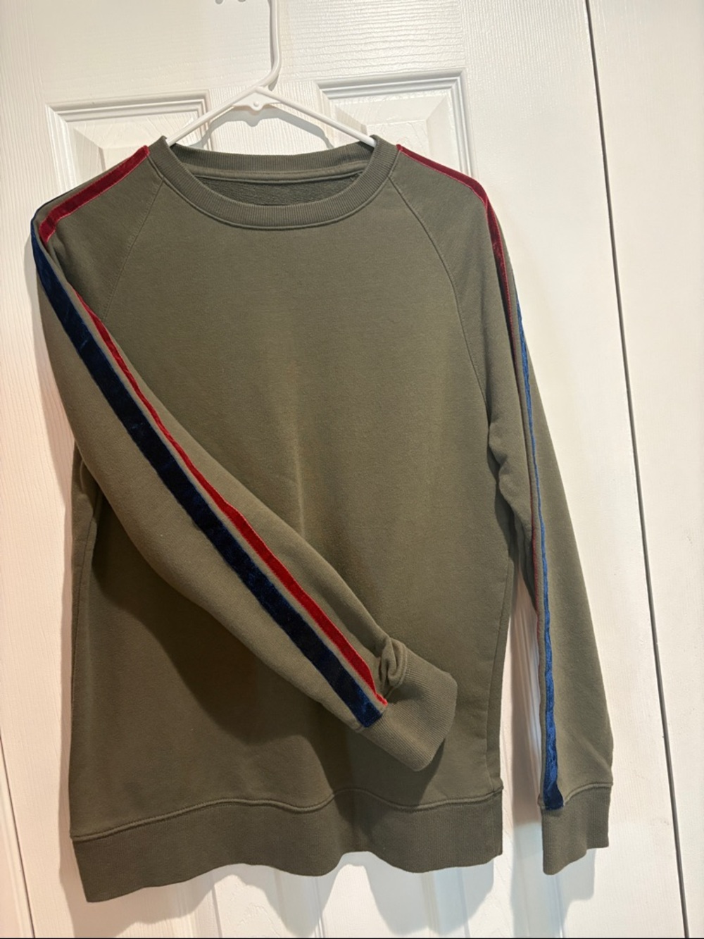 Original Use Olive Crewneck Sweater with Red & Navy Velvet Stripe Sleeves